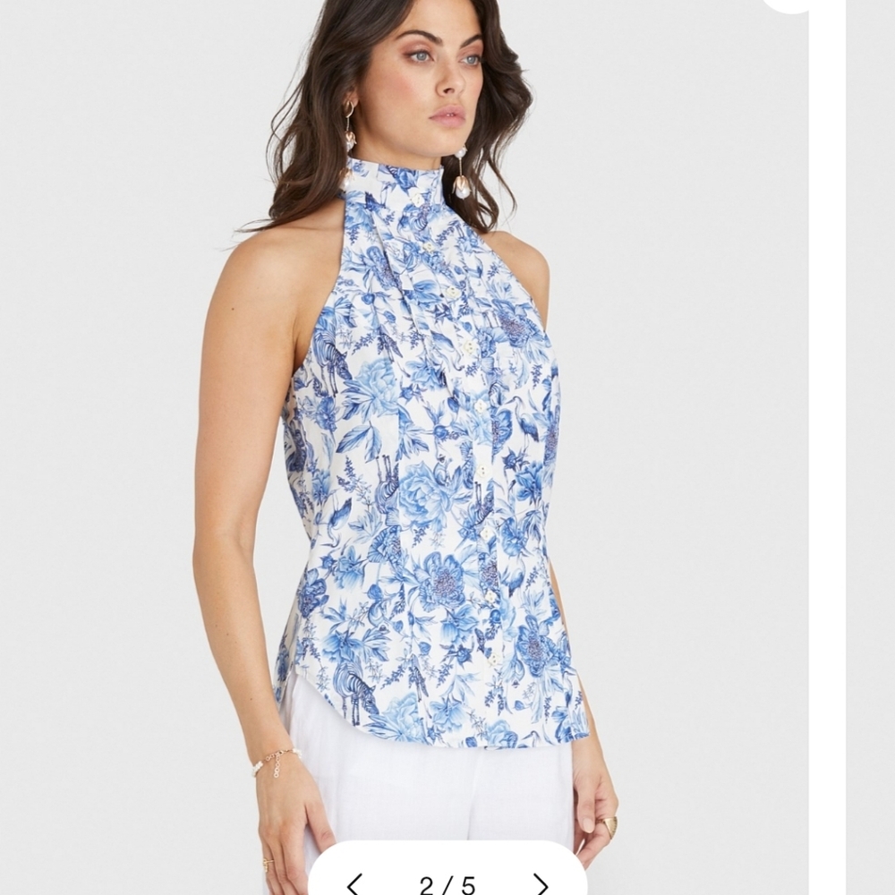 Aqua Blu Blue and White Floral Halter Button-Front Top, Original Price 129